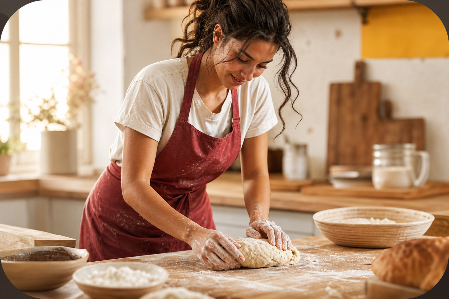 Baker kneading dough in a warm bakery kitchen