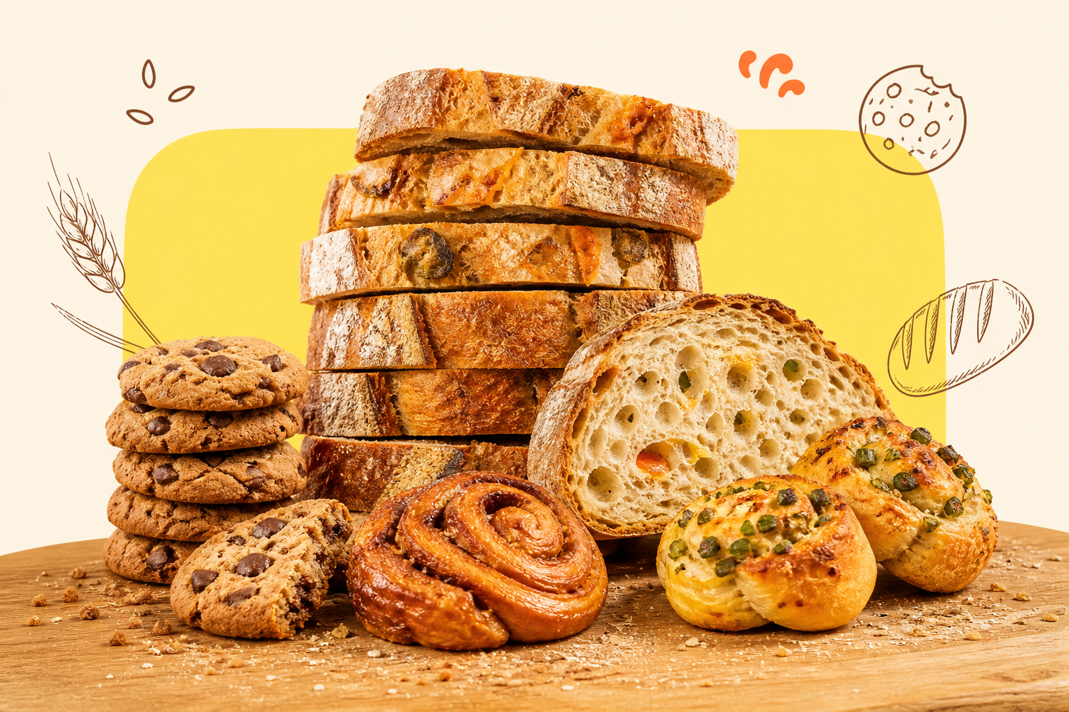 Sourdough, cookies, and pastries on a warm bakery backdrop